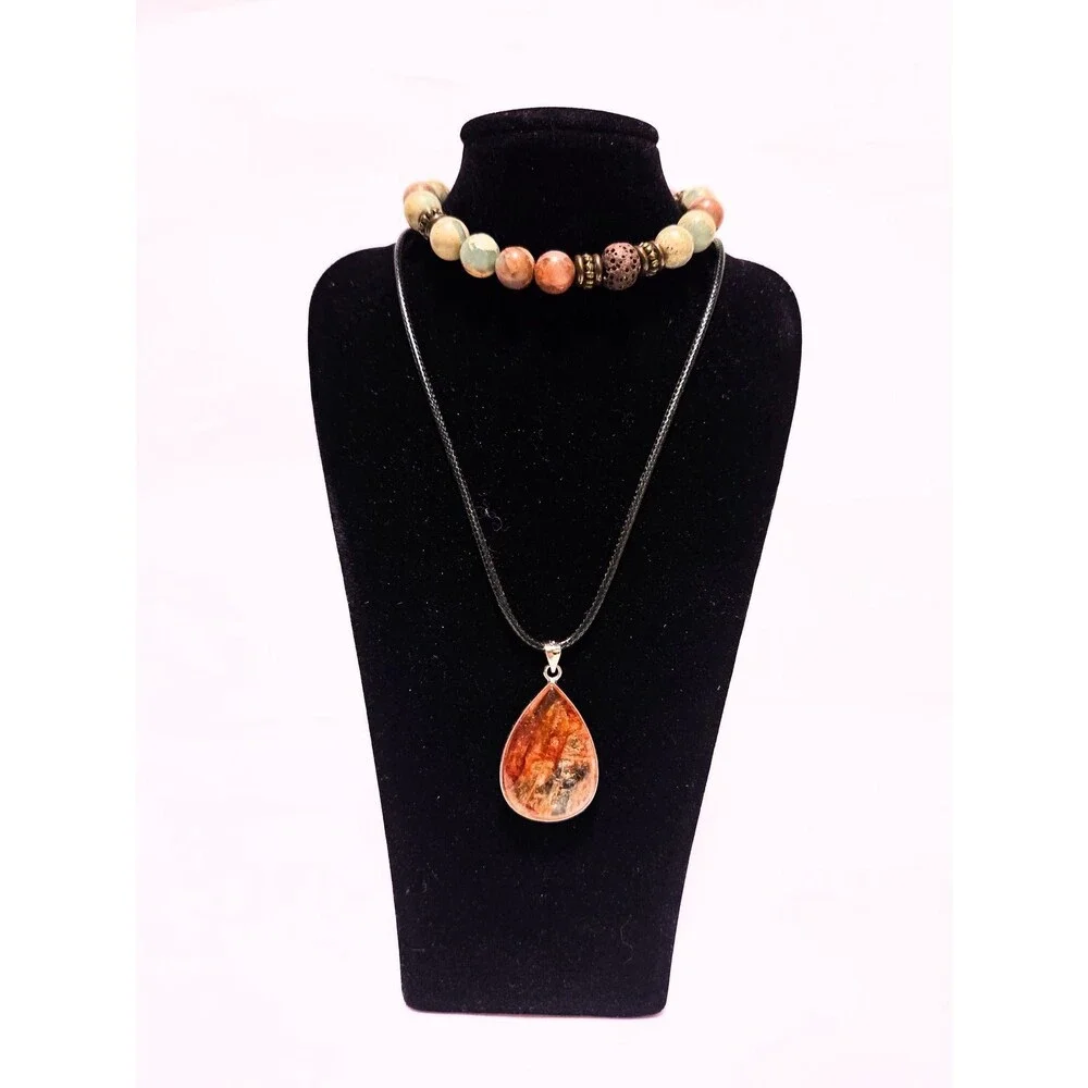 Fashion Jewelry Necklace & Bracelet Set Teardrop Pendant Beaded Stretch Bracelet